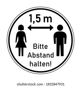 Bitte Abstand halten ("Please Keep Your Distance" in German) 1,5 m or 1,5 Meters Round Social Distancing Instruction Icon with Female and Male Figures and Text. Vector Image.