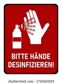 Bitte Hände Desinfizieren ("Please Disinfect Your Hands" in German) Instruction Icon against the Spread of the Novel Coronavirus Covid-19. Vector Image.