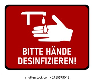 Bitte Hände Desinfizieren ("Please Sanitize Your Hands" in German) Instruction Icon against the Spread of the Novel Coronavirus Covid-19. Vector Image.