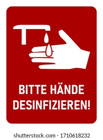 Bitte Hände Desinfizieren ("Please Sanitize Your Hands" in German) No Contour Instruction Icon against the Spread of the Novel Coronavirus Covid-19. Vector Image.