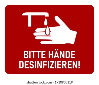 Bitte Hände Desinfizieren ("Please Sanitize Your Hands" in German) No Contour Instruction Icon against the Spread of the Novel Coronavirus Covid-19. Vector Image.
