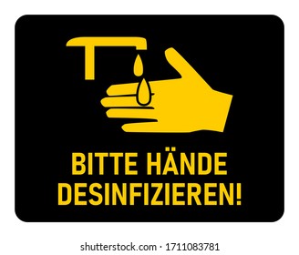 Bitte Hände Desinfizieren ("Please Sanitize Your Hands" in German) No Contour Instruction Icon against the Spread of the Novel Coronavirus Covid-19. Vector Image.