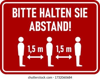 Bitte Halten Sie Abstand ("Please Keep Your Distance" in German) 1,5 m or 1,5 Metres Horizontal Rectangular Instruction Sign with an Aspect Ratio of 4:3 and Rounded Corners. Vector Image.