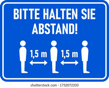 Bitte Halten Sie Abstand ("Please Keep Your Distance" in German) 1,5 m or 1,5 Metres Horizontal Rectangular Instruction Sign with an Aspect Ratio of 4:3 and Rounded Corners. Vector Image.