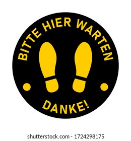 Hier können Sie sich über unser Kontaktformular informieren ("Bitte warten Sie hier" auf Deutsch) Bleiben Sie in der sozialen Distanz schwarz und gelb. Vector 