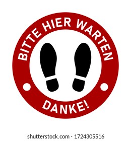 Hier finden Sie Informationen zu unserem aktuellen Wettbewerb ("Bitte warten Sie hier" auf Deutsch) Bleiben Sie dran, dass Ihr Roter Round Floor Aufkleber mit Text und Shoeprints für die Warteschlange angezeigt wird. Vector 