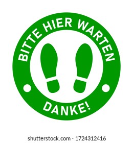 Hier finden Sie Informationen zu unserem aktuellen Wettbewerb ("Bitte warten Sie hier" in deutscher Sprache). Bleiben Sie mit dem Symbol "Text und Shoeprints for Queue" in der sozialen Distanz. Vector 