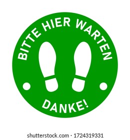 Hier finden Sie Informationen zu unserem aktuellen Wettbewerb ("Bitte warten Sie hier" in deutscher Sprache). Bleiben Sie mit dem Symbol "Text und Shoeprints for Queue" in der sozialen Distanz. Vector 