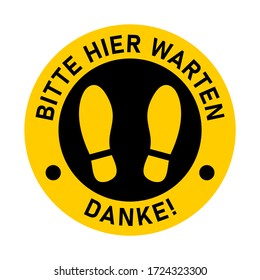 Hier können Sie sich über unser Kontaktformular informieren ("Bitte warten Sie hier" auf Deutsch) Bleiben Sie in der sozialen Distanz schwarz und gelb. Vector 