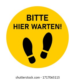 Bitte hier klicken ("Bitte warten Sie hier") Rundböden-Markierungsstand mit dem Symbol für Text- und Shoeprints für Warteschlange oder für andere Zwecke, die soziale Distanzierung erfordern. Vektorillustration-Bild.