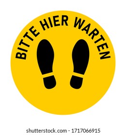 Hier finden Sie das folgende Bild ("Bitte warten Sie hier") Markierungssymbol mit Text und Druckvorlagen für Warteschlangen oder andere Zwecke, die soziale Distanzierung erfordern. Vektorillustration-Bild.