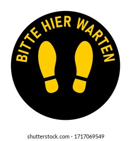 Hier finden Sie das folgende Bild ("Bitte warten Sie hier") Markierungssymbol mit Text und Druckvorlagen für Warteschlangen oder andere Zwecke, die soziale Distanzierung erfordern. Vektorbild.