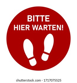 Bitte hier klicken ("Bitte warten Sie hier") Rundböden-Markierungsstand mit dem Symbol für Text- und Shoeprints für Warteschlange oder für andere Zwecke, die soziale Distanzierung erfordern. Vektorillustration-Bild.