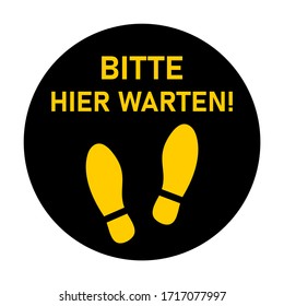 Bitte hier klicken ("Bitte warten Sie hier") Rundböden-Markierungsstand mit dem Symbol für Text- und Shoeprints für Warteschlange oder für andere Zwecke, die soziale Distanzierung erfordern. Vektorillustration-Bild.