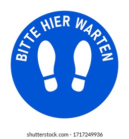 Hier finden Sie das folgende Bild ("Bitte warten Sie hier") Markierungssymbol mit Text und Druckvorlagen für Warteschlangen oder andere Zwecke, die soziale Distanzierung erfordern. Vektorillustration-Bild.