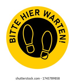 Hier klicken ("Bitte warten Sie hier") Runder Stock Markierungs-Symbol mit Text und Shoeprints Line oder anderen Zwecken, die soziale Distanzierung erfordern. Vector Image.