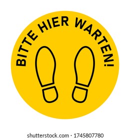 Hier klicken ("Bitte warten Sie hier") Runder Stock Markierungs-Symbol mit Text und Shoeprints Line oder anderen Zwecken, die soziale Distanzierung erfordern. Vector Image.