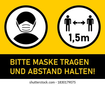 Signo de advertencia horizontal Bitte Maske tragen und Abstand halten 1,5 m ("Por favor use una máscara de cara y mantenga su distancia 1,5 metros" en alemán) incluyendo símbolos de texto e instrucciones. Imagen vectorial.