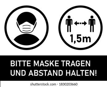 Signo de advertencia horizontal Bitte Maske tragen und Abstand halten 1,5 m ("Por favor use una máscara de cara y mantenga su distancia 1,5 metros" en alemán) incluyendo símbolos de texto e instrucciones. Imagen vectorial.