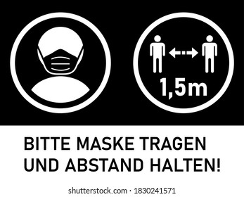 Signo de advertencia horizontal Bitte Maske tragen und Abstand halten 1,5 m ("Por favor use una máscara de cara y mantenga su distancia 1,5 metros" en alemán) incluyendo símbolos de texto e instrucciones. Imagen vectorial.