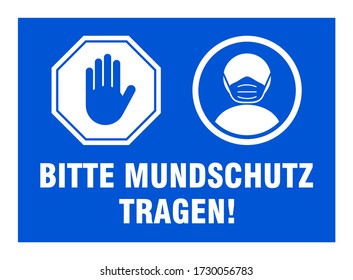 Signo de advertencia de Bitte Mundschutz Tragen ("Por favor use una máscara de cara" en alemán) con un icono de paro de mano y lleve un icono de máscara de cara. Imagen vectorial.