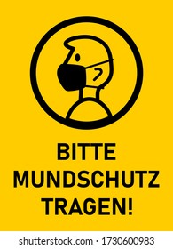 Icono de instrucción Bitte Mundschutz Tragen ("Por favor use una máscara facial" en alemán) con una relación de aspecto de 3:4. Imagen vectorial.