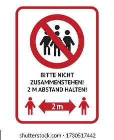 Bitte nicht kaufen! 2 m LOW! Warnschild auf Deutsch über die Aufrechterhaltung der sozialen Distanz während des Ausbruchs der Korona-Virus-Pandemie. Bitte stehen Sie nicht zusammen! Behalten Sie 2 m!