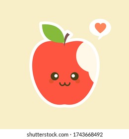 bitten Apple character with funny face. Happy cute cartoon apple emoji. Healthy vegetarian food character vector illustration