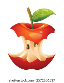 Bitten apple core with seeds and leaf on top. Vector cartoon illustration