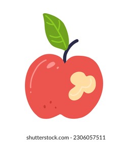 Una manzana mordida de estilo plano aislada en un fondo blanco. Ilustración de vectores.