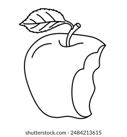A bitten apple with a leaf line art icon set. Eaten fruit. Hand drawn doodle style black and white vector illustration for coloring page.