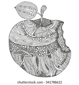 Bitten apple on white background. Hand-drawn, doodle, vector, zentangle, tribal design element.  Black and white  background. Made by trace from sketch.