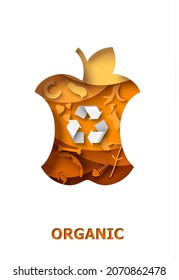 Bitten apple with organic food waste and recycle sign, vector illustration in paper art style. Composting, other reuse of biodegradable waste.