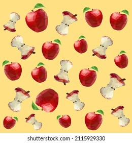 Bitten apple seamless pattern in low poly style. Repeating vector background for summer fabric, decoration, background, textile, wallpaper and fashion design.
