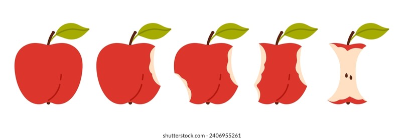 Bitten apple set, sequence game animation of eaten fruit. Stages of biting red ripe apple with green leaf from whole to half and core, bite progression cartoon animated collection, vector illustration