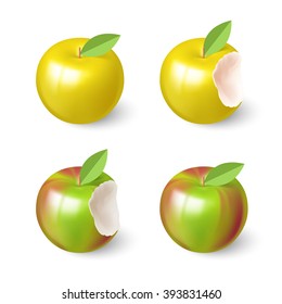 Bitten Apples Set with Green Leaf on White