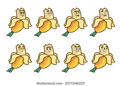 Bitten bananas with different adorable facial expressions on a white background.