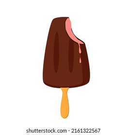 Bitten Bar Chocolate Ice Cream. Melting Fruit Popsicle, Summer Sweet Dessert, Delicious Frozen Food Vanilla Flavoured, Yummy Cold Dairy Snack, Childhood Product Vector Illustration