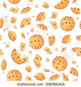 Galleta mordida y rota, galletas enteras sin fisuras. Papel de escritorio con chip crunchy choco casero redondo y migajas de cracker pastelería continuidad de alimentos dulces ilustración repetida vectorial