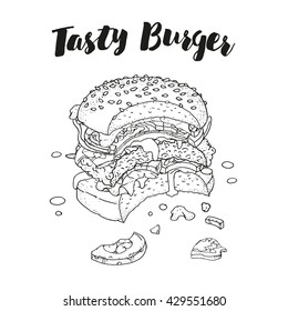 Bitten burger. Restaurant brochure vector, menu design. Vector cafe template with hand-drawn graphic. Food flyer. Vector. Isolated.