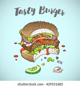 Bitten burger. Restaurant brochure vector, menu design. Vector cafe template with hand-drawn graphic. Food flyer. Vector. Isolated.