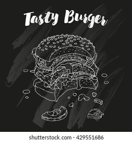 Bitten burger. Restaurant brochure vector, menu design. Vector cafe template with hand-drawn graphic. Food flyer. Vector. Isolated.