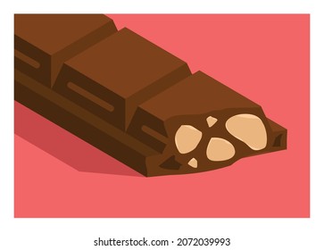 Bitten cashew chocolate bars in isometric view. Simple flat illustration
