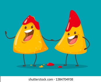 Bitten cheerful nachos in tomato salsa. Vector illustration