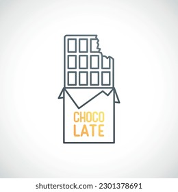 Bitten chocolate bar icon on white background. Thin line chocolate illustration. Vector sweets symbol.