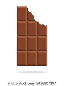 Barra de chocolate mordida aislada sobre fondo blanco, postre, ilustración vectorial en estilo plano. Barra de chocolate sobre fondo blanco. Barra de chocolate con leche.