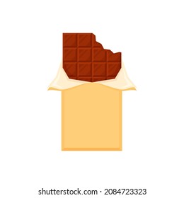 Bitten chocolate bar in opened package isolated on white background. Vector flat illustration.