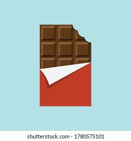 Bitten chocolate bar in opened red wrapped icon, Dessert symbol, Minimal flat design, Vector illustration