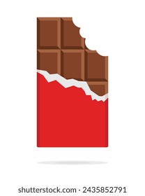 Barra de chocolate mordida en envoltura roja abierta y papel de aluminio aislado sobre fondo blanco, postre, ilustración vectorial en estilo plano. Barra de chocolate sobre fondo blanco. Barra de chocolate con leche.