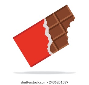 Bitten chocolate bar in opened red wrap and foil isolated on white background, dessert, vector illustration in flat style. Chocolate bar on white background. Milk chocolate bar.